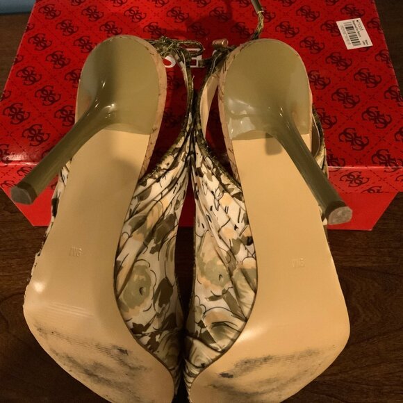 Guess Elegant 2 Yellow Multi Peep Toe Satin Heel Size 9 - Picture 6 of 6